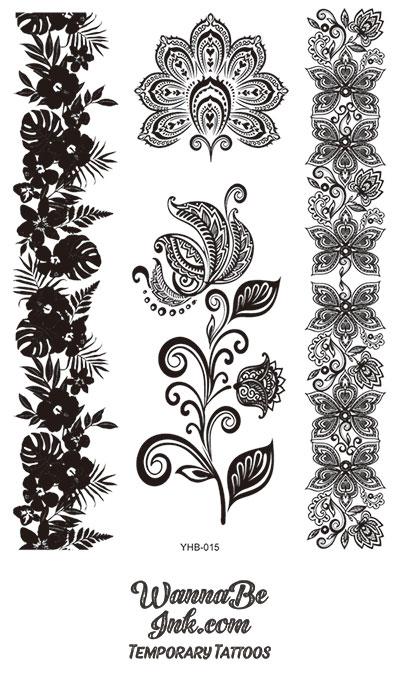 Tropical and Indian Floral Pattern Henna Style Black Temporary Tattoo Sheet