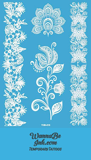 Tropical and Indian Floral Pattern Henna Style White Temporary Tattoo Sheet