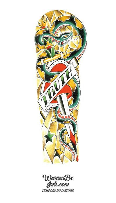 "Truth" Green and Gold Snake and Dagger Temporary Sleeve Tattoos