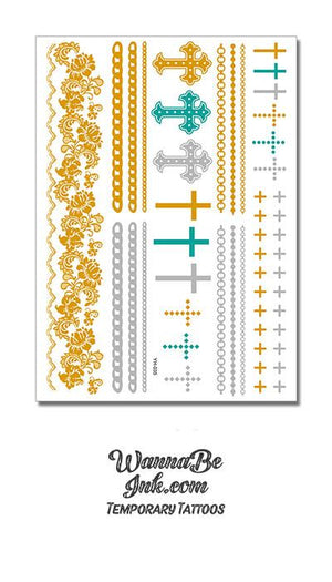 Turquoise Silver and Gold Crosses with Flower Arm Band Design in Metallic Temporary Tattoos