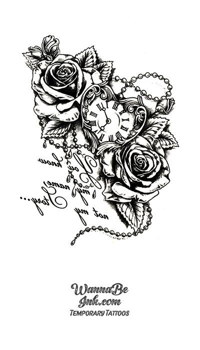 Two Roses and Heart Shaped Watch Best temporary Tattoos| WannaBeInk.com