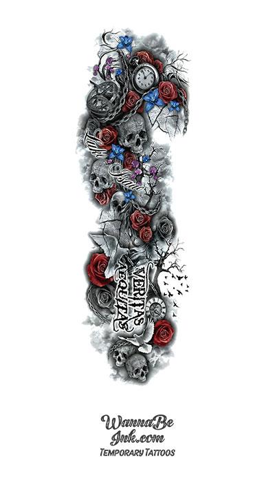 "Veritas Aequitas" Roses Skulls Dove Chains Temporary Sleeve Tattoos
