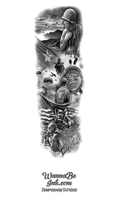 Veteran Soldiers Medal Helicopter Paratroopers Temporary Sleeve Tattoos