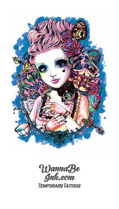 Victorian Woman With Pink Styled Hair Best Temporary Tattoos