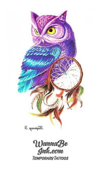 Violet And Blue Owl On Dream Catcher Best Temporary Tattoos