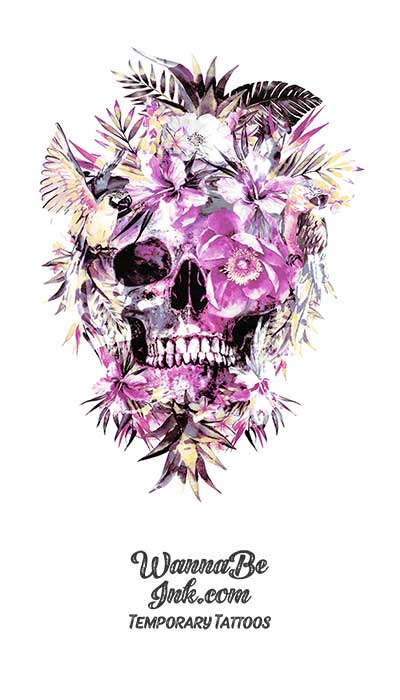 Violet Skull Covered In Flowers and Feathers Best Temporary Tattoos