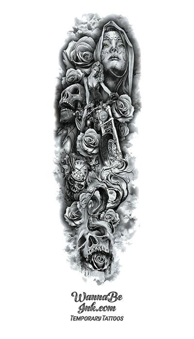 Virgin Mary Skull Woman on Motorcycle Roses Vine Temporary Sleeve ...