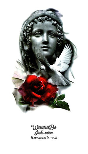 Virgin Mary White Dove and Red Rose Best Temporary Tattoos