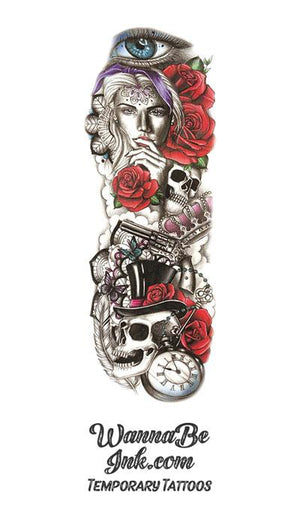 Voodoo Skull Time Roses Crown Skeleton Key Beautiful Woman Eye Temporary Sleeve Tattoos
