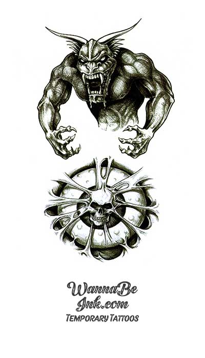 Werewolf Leaping Over Skull Head Drum Best temporary Tattoos