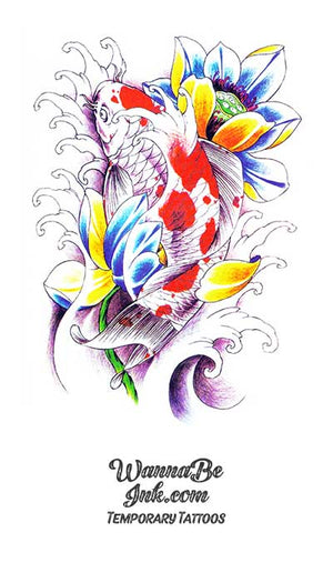 White and Red koi Fish In Blue And Gold Lotus Best Temporary Tattoos