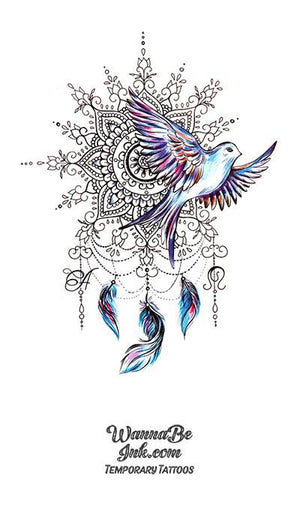 White Bird with Blue highlights and Feathers Best Temporary Tattoos