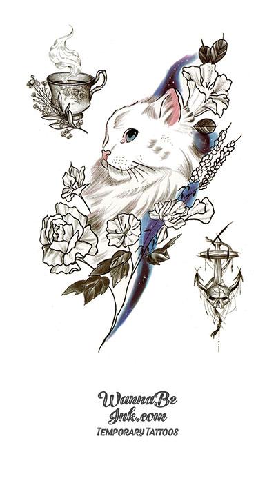White Cat In Flowers Sketch Best Temporary Tattoos