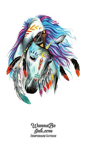 White Horse With Blue and Purple Mane and Colorful Headdress Best temporary Tattoos