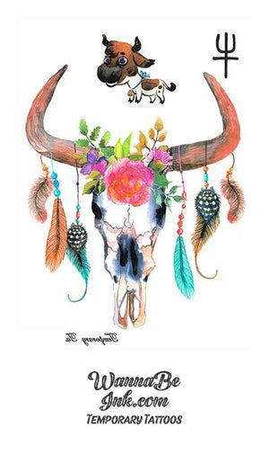Long Horn bull Skull Wearing Feathers Best Temporary Tattoos