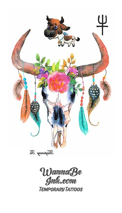 Long Horn bull Skull Wearing Feathers Best Temporary Tattoos