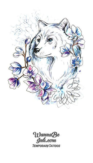 White Wolf In Purple and Blue Flowers Best Temporary Tattoos