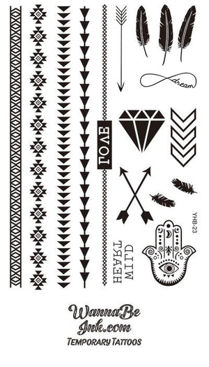 "Wild Heart. Dream" Arrow Feather Diamond Henna Style Black Temporary Tattoo Sheet