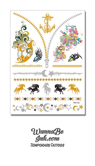 Wild Stallions Crescent Moons nd Floral Patterns with Anchor Metallic Temporary Tattoos