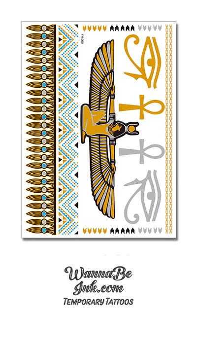 Winged Egyptian Goddess Eye of Ra and Ankh with Pyramid Designs Metallic Temporary Tattoos