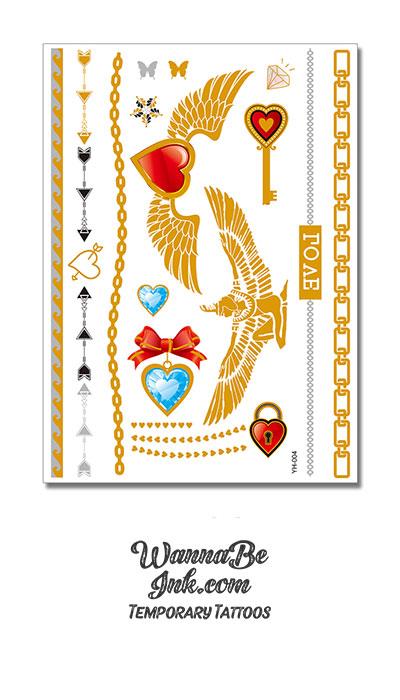Winged Egyptian Goddess of Gold with Winged Heart and Arrows Metallic Temporary Tattoos