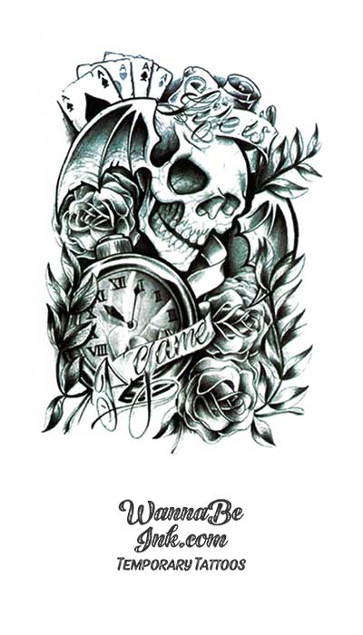 Winged Skull with Playing Cards and Flowers Best Temporary Tattoos
