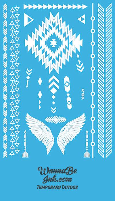 Wings Arrows Native American Triangle Geometric Henna Style White Temporary Tattoo Sheet