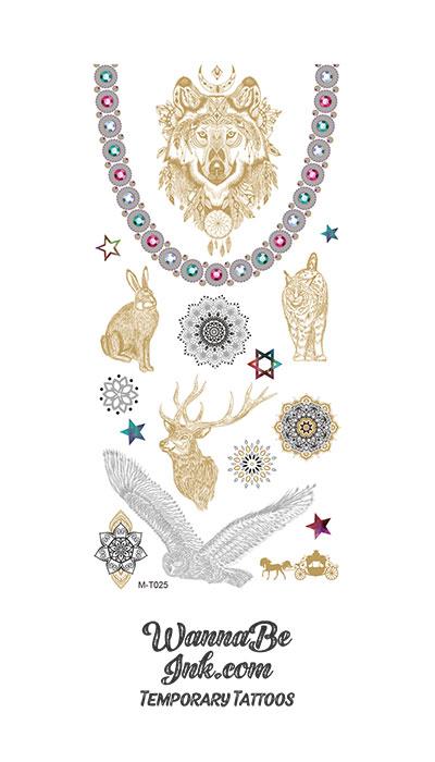Wolf Bobcat Stag Rabbit and Eagle With Jeweled Neckalce Mettalic Temporary Tattoos
