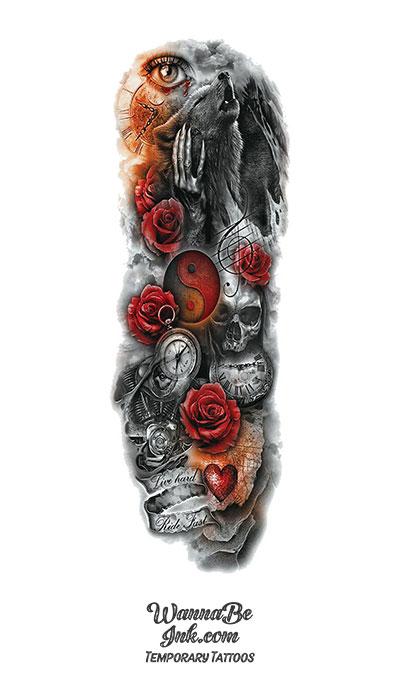 Wolf Howling Yin Yang Clock Skull Roses Heart Temporary Sleeve Tattoos