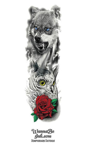 Wolf Snarling Owl Rose Temporary Sleeve Tattoos