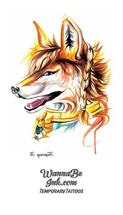 Wolf With Braid and Yellow Sash Best Temporary Tattoos