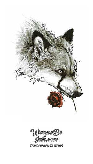 Wolf With Red Rose In Mouth Best Temporary Tattoos