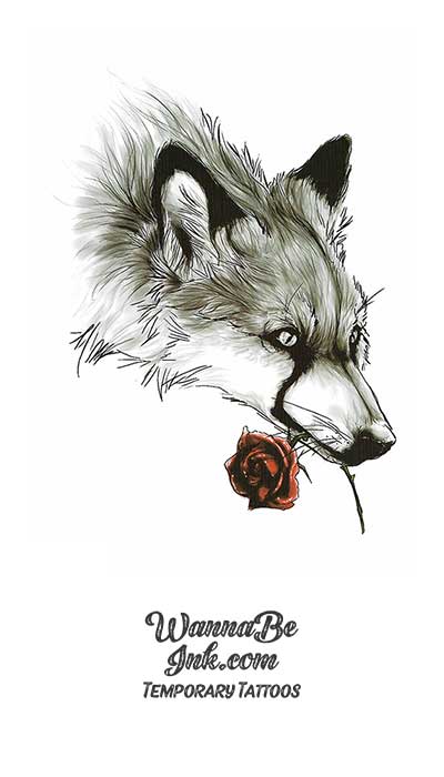 Wolf With Red Rose In Mouth Best Temporary Tattoos