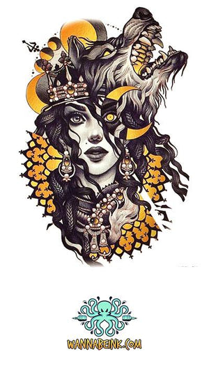 Evil Goat Horned Woman and Yellow Flowers Best Temporary Tattoos