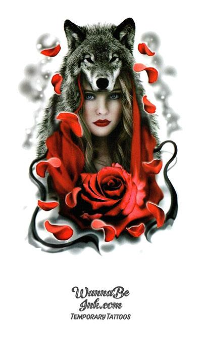 Woman Gray Wolf Headdress Red Rose Best Temporary Tattoos