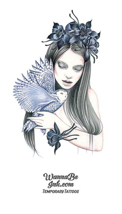 Woman Holding Owl WIth Blue Flowers In Hair Best Temporary Tattoos