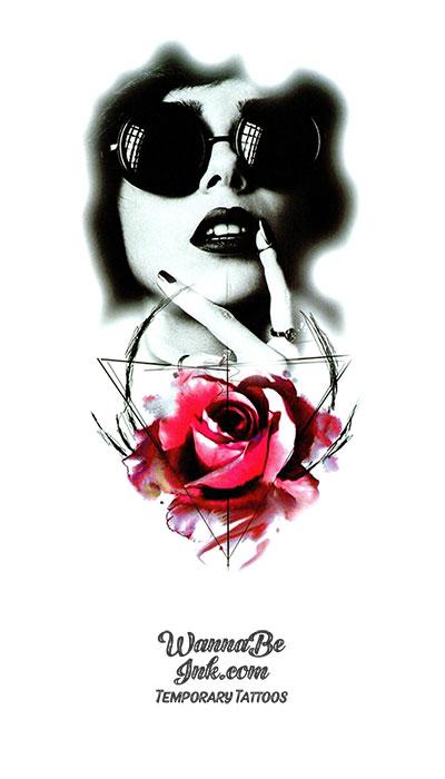 Woman In Black Sunglasses and Red Rose Best Temporary Tattoos