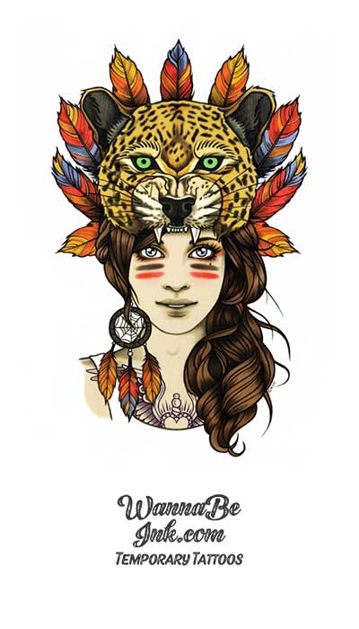 Woman In Jaguar Face Headdress and Feathers Best Temporary Tattoos