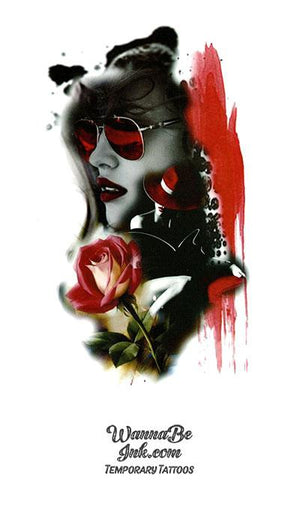 Woman in Red Sunglasses Lips Hat and Rose Best temporary Tattoos