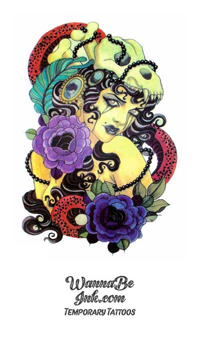 Woman in Skull and Colorful Roses Best Temporary Tattoos