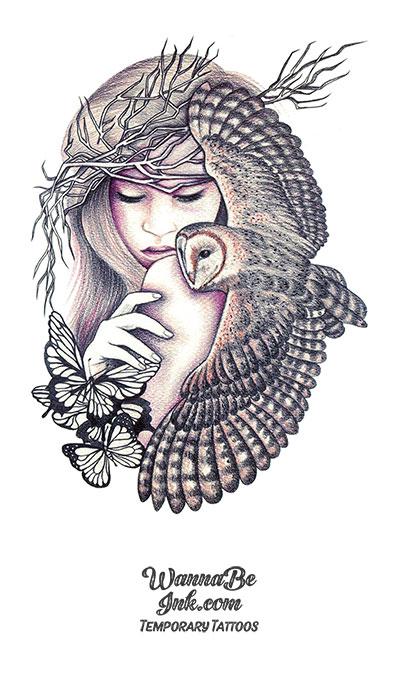 Woman Owl And Butterflies Best Temporary Tattoos