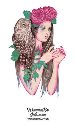 Woman Wearing Roses With Owl Best Temporary Tattoos