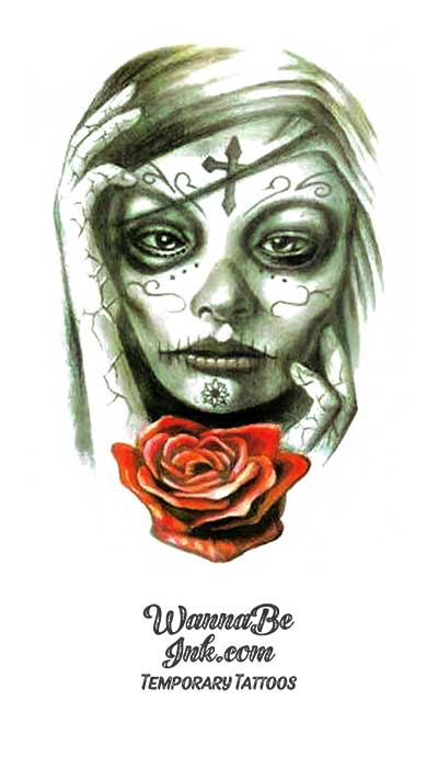 Woman with Sugar Skull Face and Red Rose Best Temporary Tattoos