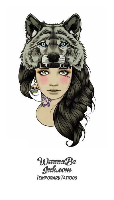 Woman With Wolf Face Crown Best Temporary Tattoos