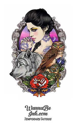 Woman Wolf And Owl In Mirror Best Temporary Tattoos