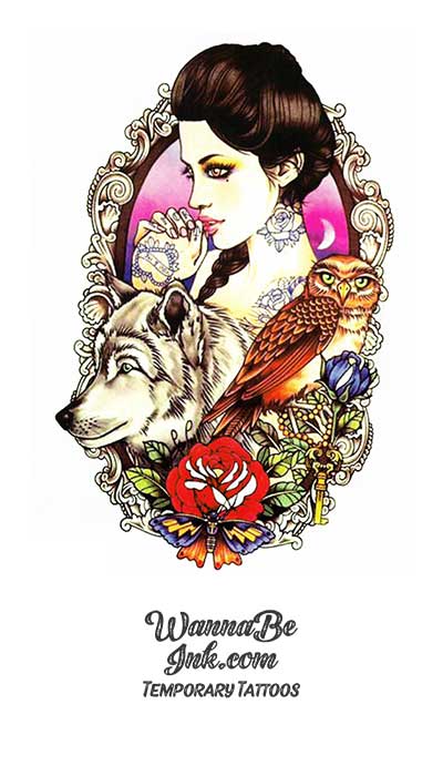 Woman Wolf Owl and Red Rose In Mirror Best Temporary Tattoos