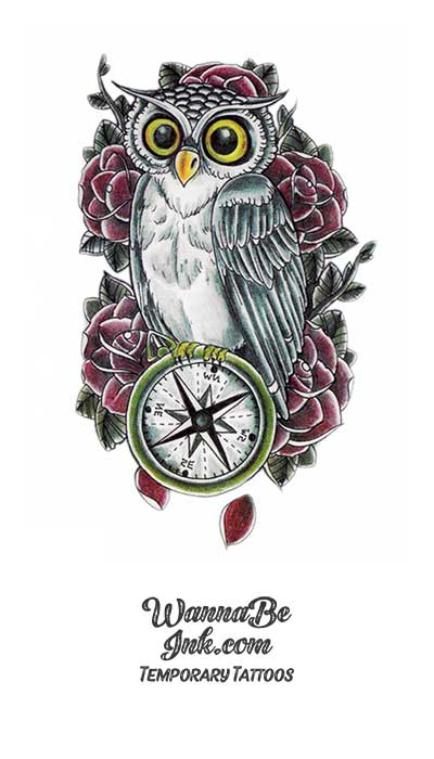 Yellow Eyed Owl Perched on Compass Best Temporary Tattoos